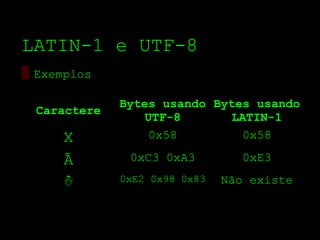 LATIN­1 e UTF­8
▒ Exemplos

              Bytes usando Bytes usando
  Caractere
                  UTF-8      LATIN-1
      X           0x58         0x58

      Ã        0xC3 0xA3         0xE3

     ☃        0xE2 0x98 0x83   Não existe
 