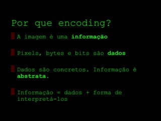Por que encoding?
▒ A imagem é uma informação

▒ Pixels, bytes e bits são dados

▒ Dados são concretos. Informação é
  abstrata.

▒ Informação = dados + forma de
  interpretá­los
 
