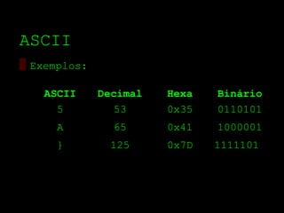 ASCII
▒ Exemplos:

   ASCII      Decimal   Hexa   Binário
     5           53     0x35   0110101
      A         65      0x41   1000001
      }         125     0x7D   1111101
 