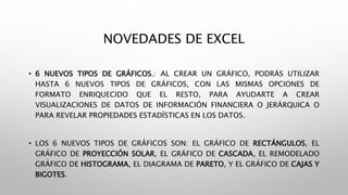 NOVEDADES DE EXCEL
• 6 NUEVOS TIPOS DE GRÁFICOS.: AL CREAR UN GRÁFICO, PODRÁS UTILIZAR
HASTA 6 NUEVOS TIPOS DE GRÁFICOS, CON LAS MISMAS OPCIONES DE
FORMATO ENRIQUECIDO QUE EL RESTO, PARA AYUDARTE A CREAR
VISUALIZACIONES DE DATOS DE INFORMACIÓN FINANCIERA O JERÁRQUICA O
PARA REVELAR PROPIEDADES ESTADÍSTICAS EN LOS DATOS.
• LOS 6 NUEVOS TIPOS DE GRÁFICOS SON: EL GRÁFICO DE RECTÁNGULOS, EL
GRÁFICO DE PROYECCIÓN SOLAR, EL GRÁFICO DE CASCADA, EL REMODELADO
GRÁFICO DE HISTOGRAMA, EL DIAGRAMA DE PARETO, Y EL GRÁFICO DE CAJAS Y
BIGOTES.
 