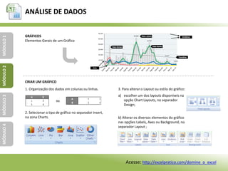 ANÁLISE DE DADOS
MÓDULO1MÓDULO2MÓDULO3MÓDULO4
GRÁFICOS
Elementos Gerais de um Gráfico
CRIAR UM GRÁFICO
1. Organização dos dados em colunas ou linhas.
2. Selecionar o tipo de gráfico no separador Insert,
na zona Charts.
3. Para alterar o Layout ou estilo do gráfico:
a) escolher um dos layouts disponíveis na
opção Chart Layouts, no separador
Design;
b) Alterar os diversos elementos do gráfico
nas opções Labels, Axes ou Background, no
separador Layout ;
Acesse: http://excelpratico.com/domine_o_excel
 