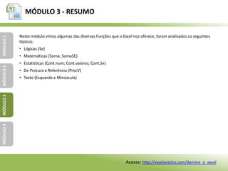 MÓDULO 3 - RESUMO
MÓDULO1MÓDULO2MÓDULO3MÓDULO4
Neste módulo vimos algumas das diversas Funções que o Excel nos oferece, foram analisados os seguintes
tópicos:
• Lógicas (Se)
• Matemáticas (Soma; SomaSE)
• Estatísticas (Cont.num; Cont.valores; Cont.Se)
• De Procura e Referência (ProcV)
• Texto (Esquerda e Minúscula)
Acesse: http://excelpratico.com/domine_o_excel
 