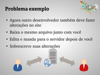 Problema exemplo
●
Agora outro desenvolvedor também deve fazer 
alterações no site
●
Baixa o mesmo arquivo junto com você
●
Edita e manda para o servidor depois de você
●
Sobrescreve suas alterações
 