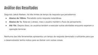 Análise dos Resultados
Segundo Jakob Nielsen, há três limites de tempo de resposta que percebemos:
● Abaixo de 100ms. Percebido como resposta instantânea.
● Abaixo de 1s. Nota-se o atraso, mas o usuário mantém o fluxo de pensamento.
● Até 10s. Depois disso, os usuários tendem a executar outras atividades enquanto esperam a
operação terminar.
Nenhuma das três ferramentas apresentou um tempo de resposta demorado o suficiente para que
o desenvolvedor tenha motivo para se distrair com outras coisas.
 