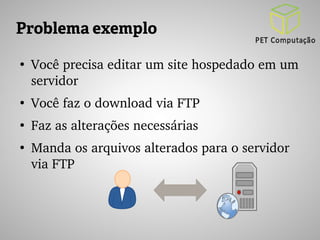 Problema exemplo 
● Você precisa editar um site hospedado em um 
servidor 
● Você faz o download via FTP 
● Faz as alterações necessárias 
● Manda os arquivos alterados para o servidor 
via FTP 
 