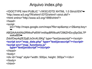 Arquivo index.php
<!DOCTYPE html PUBLIC "-//W3C//DTD XHTML 1.0 Strict//EN"➥
"http://www.w3.org/TR/xhtml1/DTD/xhtml1-strict.dtd">
<html xmlns="http://www.w3.org/1999/xhtml">
<head>
<script
   src="http://maps.google.com/maps?file=api&amp;v=2&amp;key=
   ➥
ABQIAAAAfAb2RNhzPaf0W1mtifapBRI9caN7296ZHDcvjSpGbL7P
   xwkwBS➥
ZidcfOwy4q2EZpjEJx3rc4Lt5Kg" type="text/javascript"></script>
<script src="map_data.php" type="text/javascript"></script>
<script src="map_functions.js"
   type="text/javascript"></script>
</head>
<body>
<div id="map" style="width: 500px; height: 300px"></div>
</body>
</html>
 