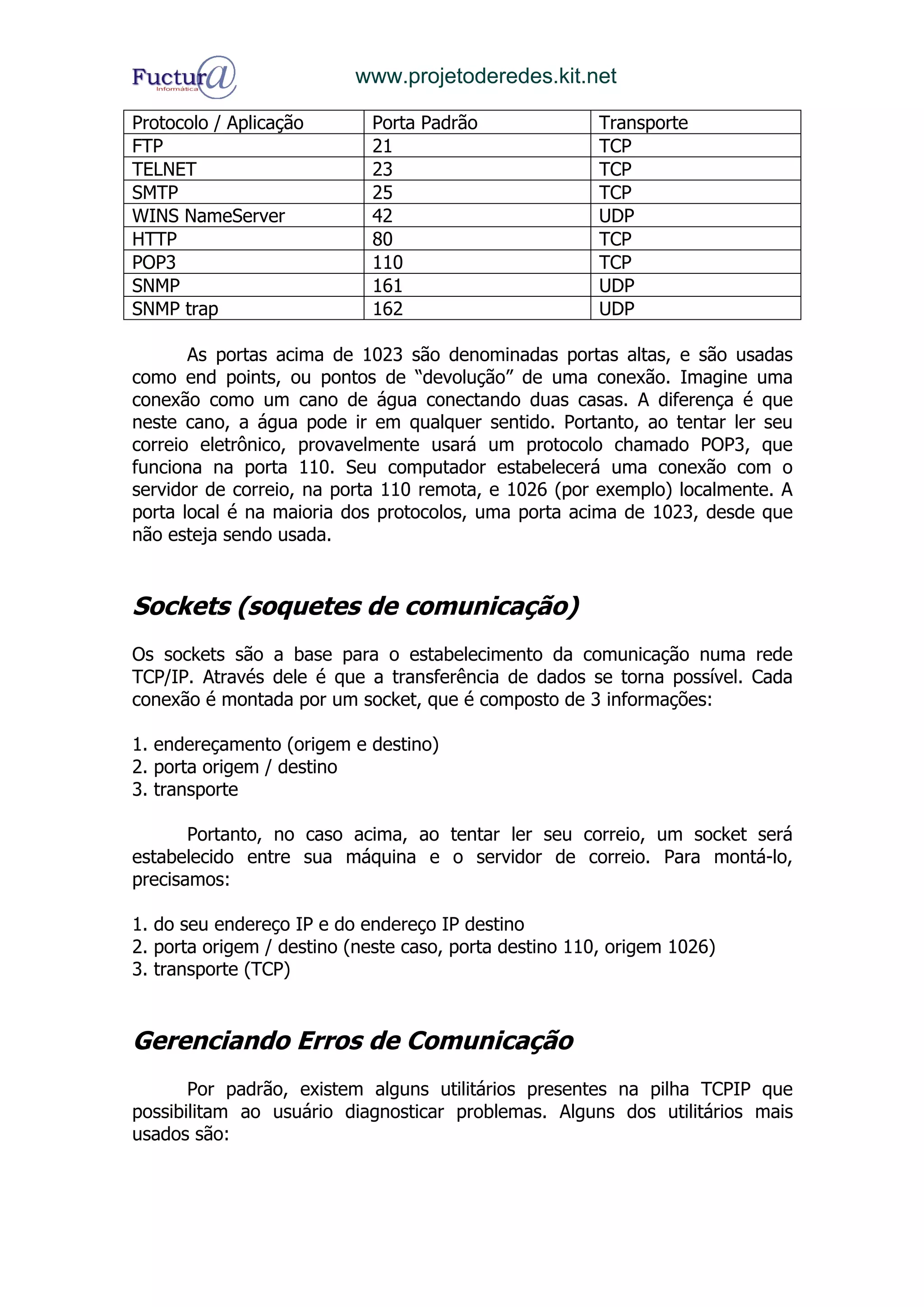www.projetoderedes.kit.net

Protocolo / Aplicação       Porta Padrão                Transporte
FTP                         21                          TCP
TELNET                      23                          TCP
SMTP                        25                          TCP
WINS NameServer             42                          UDP
HTTP                        80                          TCP
POP3                        110                         TCP
SNMP                        161                         UDP
SNMP trap                   162                         UDP

       As portas acima de 1023 são denominadas portas altas, e são usadas
como end points, ou pontos de “devolução” de uma conexão. Imagine uma
conexão como um cano de água conectando duas casas. A diferença é que
neste cano, a água pode ir em qualquer sentido. Portanto, ao tentar ler seu
correio eletrônico, provavelmente usará um protocolo chamado POP3, que
funciona na porta 110. Seu computador estabelecerá uma conexão com o
servidor de correio, na porta 110 remota, e 1026 (por exemplo) localmente. A
porta local é na maioria dos protocolos, uma porta acima de 1023, desde que
não esteja sendo usada.


Sockets (soquetes de comunicação)
Os sockets são a base para o estabelecimento da comunicação numa rede
TCP/IP. Através dele é que a transferência de dados se torna possível. Cada
conexão é montada por um socket, que é composto de 3 informações:

1. endereçamento (origem e destino)
2. porta origem / destino
3. transporte

       Portanto, no caso acima, ao tentar ler seu correio, um socket será
estabelecido entre sua máquina e o servidor de correio. Para montá-lo,
precisamos:

1. do seu endereço IP e do endereço IP destino
2. porta origem / destino (neste caso, porta destino 110, origem 1026)
3. transporte (TCP)


Gerenciando Erros de Comunicação
       Por padrão, existem alguns utilitários presentes na pilha TCPIP que
possibilitam ao usuário diagnosticar problemas. Alguns dos utilitários mais
usados são:
 