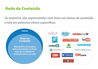 Rede de Conteúdo

Os anúncios são segmentados com base nos temas de conteúdo
e não em palavras-chave especí cas
 