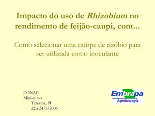 Impacto do uso de Rhizobium no
rendimento de feijão-caupi, cont...
Como selecionar uma estirpe de rizóbio para
ser utilizada como inoculante

CONAC
Mini-curso
Teresina, PI
22 a 24/5/2006

Agrobiologia

 