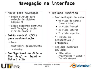 Minicurso Introdução ao Blender
19/32
Navegação na interface
● Mouse para navegação
– Botão direito para
seleção de objetos
(default)
– Botão esquerdo confirma
modificação / botão
direito cancela
● Botão central (BCM)
para movimentação
– Zoom
– Shift+BCM: deslocamento
● Panning
● Configurável em File →
User Pref. Input→ →
Select with
● Teclado Numérico
– Movimentação da cena
● 0: visão da camera
(camera view)
● 1: visão frontal
● 3: visão lateral
● 7: visão superior
– 5: visão em
perspectiva /
ortogonal
– Teclado numérico
emulado:
● File User→
Preferences Input→ →
Emulate Numpad
 