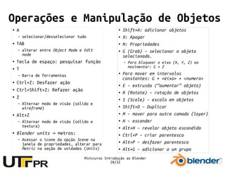 Minicurso Introdução ao Blender
20/32
Operações e Manipulação de Objetos
● A
– selecionar/desselecionar tudo
● TAB
– alterar entre Object Mode e Edit
mode
● Tecla de espaço: pesquisar função
● T
– Barra de ferramentas
● Ctrl+Z: Desfazer ação
● Ctrl+Shift+Z: Refazer ação
● Z
– Alternar modo de visão (sólido e
wireframe)
● Alt+Z
– Alternar modo de visão (sólido e
textura)
● Blender units metros:→
– Acessar o ícone da opção Scene na
janela de propriedades, alterar para
Metric na seção de unidades (Units)
● Shift+A: adicionar objetos
● X: Apagar
● N: Propriedades
● G (Grab) – selecionar o objeto
selecionado.
– Para bloquear o eixo (X, Y, Z) ao
movimentar: G + Z
● Para mover em intervalos
constantes: G + <eixo> + <numero>
● E – extrusão (“aumentar” objeto)
● R (Rotate) – rotação de objetos
● S (Scale) – escala em objetos
● Shift+D – Duplicar
● M – mover para outra camada (layer)
● H – esconder
● Alt+H – revelar objeto escondido
● Ctrl+P – criar parentesco
● Alt+P – desfazer parentesco
● Alt+G – adicionar a um grupo
 