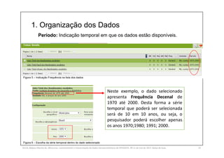 1. Organização dos Dados
SILVA, Rebeca Marota da. Minicurso: Levantamento e Interpretação de Dados Socioeconômicos do IPEADATA. 09-11 de mai de 2017. Notas de Aula. 23
Período: Indicação temporal em que os dados estão disponíveis.
Neste exemplo, o dado selecionado
apresenta Frequência Decenal de
1970 até 2000. Desta forma a série
temporal que poderá ser selecionada
será de 10 em 10 anos, ou seja, o
pesquisador poderá escolher apenas
os anos 1970;1980; 1991; 2000.
Figura 5 – Indicação Frequência na lista dos dados
Figura 6 – Escolha da série temporal dentro do dado selecionado
 