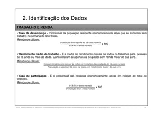 2. Identificação dos Dados
SILVA, Rebeca Marota da. Minicurso: Levantamento e Interpretação de Dados Socioeconômicos do IPEADATA. 09-11 de mai de 2017. Notas de Aula. 35
Taxa de desemprego - Percentual da população residente economicamente ativa que se encontra sem
trabalho na semana de referência.
Método de cálculo:
çã
x 100
Rendimento médio do trabalho - É a média do rendimento mensal de todos os trabalhos para pessoas
de 16 anos ou mais de idade. Consideraram-se apenas os ocupados com renda maior do que zero.
Método de cálculo:
çã
çã ,
Taxa de participação - É o percentual das pessoas economicamente ativas em relação ao total de
pessoas.
Método de cálculo:
çã
x 100
TRABALHO E RENDA
 