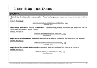 2. Identificação dos Dados
SILVA, Rebeca Marota da. Minicurso: Levantamento e Interpretação de Dados Socioeconômicos do IPEADATA. 09-11 de mai de 2017. Notas de Aula. 40
Existência de telefone fixo no domicílio - Percentual de pessoas residentes em domicílios com telefone
fixo.
Método de cálculo:
çã í
çã
x 100
Existência de telefone celular no domicílio - Percentual de pessoas residentes em domicílios em que
pelo menos um morador possui celular.
Método de cálculo:
çã í
çã
x 100
Existência de televisão no domicílio - Percentual de pessoas residentes em domicílios com televisão.
Método de cálculo:
çã í ã
çã
x 100
Existência de rádio no domicílio - Percentual de pessoas residentes em domicílios com rádio.
Método de cálculo:
çã í á
çã
x 100
CULTURA
 