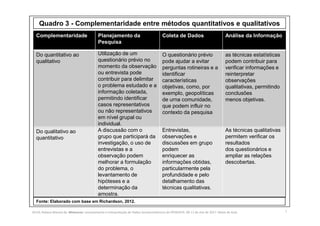 7
Complementaridade Planejamento da
Pesquisa
Coleta de Dados Análise da Informação
Do quantitativo ao
qualitativo
Utilização de um
questionário prévio no
momento da observação
ou entrevista pode
contribuir para delimitar
o problema estudado e a
informação coletada,
permitindo identificar
casos representativos
ou não representativos
em nível grupal ou
individual.
O questionário prévio
pode ajudar a evitar
perguntas rotineiras e a
identificar
características
objetivas, como, por
exemplo, geopolíticas
de urna comunidade,
que podem influir no
contexto da pesquisa
as técnicas estatísticas
podem contribuir para
verificar informações e
reinterpretar
observações
qualitativas, permitindo
conclusões
menos objetivas.
Do qualitativo ao
quantitativo
A discussão com o
grupo que participará da
investigação, o uso de
entrevistas e a
observação podem
melhorar a formulação
do problema, o
levantamento de
hipóteses e a
determinação da
amostra.
Entrevistas,
observações e
discussões em grupo
podem
enriquecer as
informações obtidas,
particularmente pela
profundidade e pelo
detalhamento das
técnicas qualitativas.
As técnicas qualitativas
permitem verificar os
resultados
dos questionários e
ampliar as relações
descobertas.
Quadro 3 - Complementaridade entre métodos quantitativos e qualitativos
Fonte: Elaborado com base em Richardson, 2012.
SILVA, Rebeca Marota da. Minicurso: Levantamento e Interpretação de Dados Socioeconômicos do IPEADATA. 09-11 de mai de 2017. Notas de Aula.
 