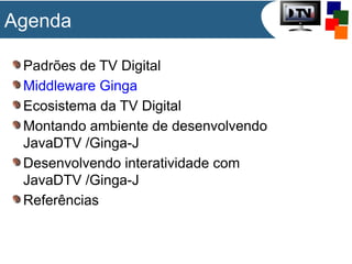 Agenda
Padrões de TV Digital
Middleware Ginga
Ecosistema da TV Digital
Montando ambiente de desenvolvendo
JavaDTV /Ginga-J
Desenvolvendo interatividade com
JavaDTV /Ginga-J
Referências

 