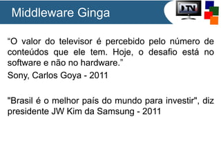 Middleware Ginga
“O valor do televisor é percebido pelo número de
conteúdos que ele tem. Hoje, o desafio está no
software e não no hardware.”
Sony, Carlos Goya - 2011
"Brasil é o melhor país do mundo para investir", diz
presidente JW Kim da Samsung - 2011

 