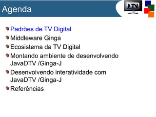 Agenda
Padrões de TV Digital
Middleware Ginga
Ecosistema da TV Digital
Montando ambiente de desenvolvendo
JavaDTV /Ginga-J
Desenvolvendo interatividade com
JavaDTV /Ginga-J
Referências

 