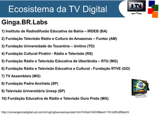 Ecosistema da TV Digital
Ginga.BR.Labs
1) Instituto de Radiodifusão Educativa da Bahia – IRDEB (BA)
2) Fundação Televisão Rádio e Cultura do Amazonas – Funtec (AM)
3) Fundação Universidade do Tocantins – Unitins (TO)
4) Fundação Cultural Piratini - Rádio e Televisão (RS)
5) Fundação Rádio e Televisão Educativa de Uberlândia – RTU (MG)
6) Fundação Rádio e Televisão Educativa e Cultural - Fundação RTVE (GO)
7) TV Assembleia (MG)
8) Fundação Padre Anchieta (SP)
9) Televisão Universitária Unesp (SP)
10) Fundação Educativa de Rádio e Televisão Ouro Preto (MG)

http://convergenciadigital.uol.com.br/cgi/cgilua.exe/sys/start.htm?infoid=34339&sid=11#.UlZhoRBaUhI

 