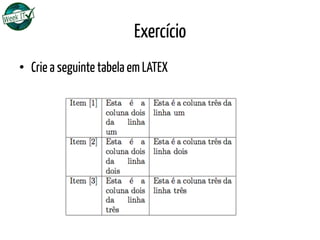 Exercício
•  Crie a seguinte tabela em LATEX
 