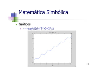 Matemática Simbólica
n  Gráficos
n  >> ezplot(sin(3*x)+2*x)
146
 