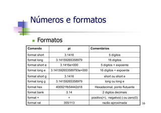 Comando pi Comentários
format short 3.1416 5 dígitos
format long 3.14159265358979 16 dígitos
format short e 3.1416e+000 5 dígitos + expoente
format long e 3.141592653589793e+000 16 dígitos + expoente
format short g 3.1416 short ou short e
format long g 3.14159265358979 long ou long e
format hex 400921fb54442d18 Hexadecimal, ponto flutuante
format bank 3.14 2 digitos decimais
format + + positivo(+), negativo(-) ou zero(0)
format rat 355/113 razão aproximada
Números e formatos
n  Formatos
16
 