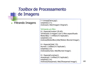 Toolbox de Processamento
de Imagens
n  Filtrando Imagens
160
I = imread('lena.jpg');
subplot(2,2,1);
imshow(I); title('Imagem Original');
%Criando um filtro
H = fspecial('motion',20,45);
%Filtrando a imagem com o filtro especificado
MotionBlur = imfilter(I,H,'replicate');
subplot(2,2,2);
imshow(MotionBlur);title('Motion Blurred Image');
H = fspecial('disk',10);
blurred = imfilter(I,H,'replicate');
subplot(2,2,3);
imshow(blurred); title('Blurred Image');
H = fspecial('unsharp');
sharpened = imfilter(I,H,'replicate');
subplot(2,2,4);
imshow(sharpened); title('Sharpened Image');
 