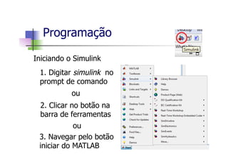Iniciando o Simulink
1. Digitar simulink no
prompt de comando
2. Clicar no botão na
barra de ferramentas
ou
ou
3. Navegar pelo botão
iniciar do MATLAB
Programação
 