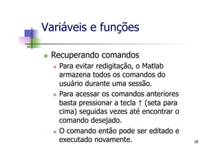 Variáveis e funções
n  Recuperando comandos
n  Para evitar redigitação, o Matlab
armazena todos os comandos do
usuário durante uma sessão.
n  Para acessar os comandos anteriores
basta pressionar a tecla ↑ (seta para
cima) seguidas vezes até encontrar o
comando desejado.
n  O comando então pode ser editado e
executado novamente. 28
 