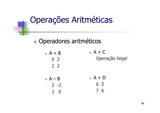 n  A + B
0 2
2 2
n  A – B
2 -2
2 0
n  A + C
Operação ilegal
n  A + D
6 5
7 6
Operações Aritméticas
n  Operadores aritméticos
46
 