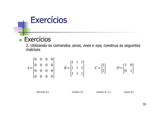 n  Exercícios
2. Utilizando os comandos zeros, ones e eye, construa as seguintes
matrizes
Exercícios
⎥
⎦
⎤
⎢
⎣
⎡
=⎥
⎦
⎤
⎢
⎣
⎡
=
⎥
⎥
⎥
⎦
⎤
⎢
⎢
⎢
⎣
⎡
=
⎥
⎥
⎥
⎥
⎦
⎤
⎢
⎢
⎢
⎢
⎣
⎡
=
10
01
1
1
111
111
111
0000
0000
0000
0000
DCBA
!zeros(4)! ! ones(3) ! ones(2,1) ! eye(2)!
59
 