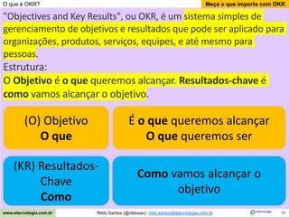 11
Meça o que importa com OKR
Rildo Santos (@rildosan) rildo.santos@etecnologia.com.br
www.etecnologia.com.br
O que é OKR?
"Objectives and Key Results", ou OKR, é um sistema simples de
gerenciamento de objetivos e resultados que pode ser aplicado para
organizações, produtos, serviços, equipes, e até mesmo para
pessoas.
Estrutura:
O Objetivo é o que queremos alcançar. Resultados-chave é
como vamos alcançar o objetivo.
(O) Objetivo
O que
É o que queremos alcançar
O que queremos ser
(KR) Resultados-
Chave
Como
Como vamos alcançar o
objetivo
 