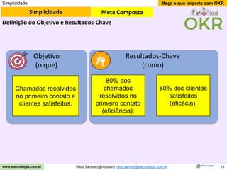 19
Meça o que importa com OKR
Rildo Santos (@rildosan) rildo.santos@etecnologia.com.br
www.etecnologia.com.br
Simplicidade
Simplicidade Meta Composta
Definição do Objetivo e Resultados-Chave
Objetivo
(o que)
Resultados-Chave
(como)
Chamados resolvidos
no primeiro contato e
clientes satisfeitos.
80% dos
chamados
resolvidos no
primeiro contato
(eficiência).
80% dos clientes
satisfeitos
(eficácia).
 