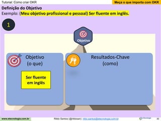 30
Meça o que importa com OKR
Rildo Santos (@rildosan) rildo.santos@etecnologia.com.br
www.etecnologia.com.br
Objetivo
Definição do Objetivo
Exemplo: (Meu objetivo profissional e pessoal) Ser fluente em inglês.
Objetivo
(o que)
Resultados-Chave
(como)
Ser fluente
em inglês
1
Tutorial: Como criar OKR
 