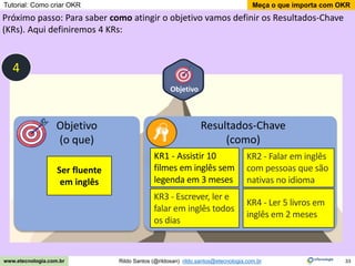 33
Meça o que importa com OKR
Rildo Santos (@rildosan) rildo.santos@etecnologia.com.br
www.etecnologia.com.br
Objetivo
Próximo passo: Para saber como atingir o objetivo vamos definir os Resultados-Chave
(KRs). Aqui definiremos 4 KRs:
Objetivo
(o que)
Resultados-Chave
(como)
Ser fluente
em inglês
4
KR1 - Assistir 10
filmes em inglês sem
legenda em 3 meses
KR4 - Ler 5 livros em
inglês em 2 meses
KR2 - Falar em inglês
com pessoas que são
nativas no idioma
KR3 - Escrever, ler e
falar em inglês todos
os dias
Tutorial: Como criar OKR
 