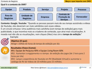 41
Meça o que importa com OKR
Rildo Santos (@rildosan) rildo.santos@etecnologia.com.br
www.etecnologia.com.br
Contexto de Negócio
Contexto: Google, Youtube: “Quando as pessoas passam mais do seu tempo assistindo a vídeos
do Youtube, eles deveriam ser mais satisfeitos com esses vídeos.
É um circulo virtuoso: Uma audiência mais satisfeita (com tempo de exibição) gera mais
publicidade, o que incentiva mais os criadores de conteúdo, que atrai mais visualizações. A
moeda real não são as visualizações, nem cliques (likes) mas sim o tempo de exibição.”
Resultados-Chave (Como):
KR1: Equipe de Pesquisa 40% e Equipe Living Room 60%
KR2: Aumentar o engajamento e o tempo de exibição dos jogos (de 1 hora para 2
horas por dia)
KR3: Lançar a experiência do Youtube em RV (Realidade Virtual) e aumentar o
catálogo de RV de Vídeos de 10 milhões para 15 milhões.
Objetivo (O que):
Atingir 1 bilhão de horas de tempo de exibição por dia
Exemplo
Qual é o contexto do OKR?
Equipe Produto Serviço Projeto
Área de
Negócios
Unidade de
Negócios
Contrato de
Prestação de
Serviços
Fornecedor
Empresa
Processo
 