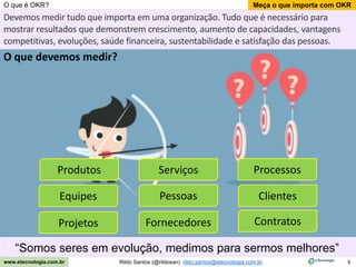 9
Meça o que importa com OKR
Rildo Santos (@rildosan) rildo.santos@etecnologia.com.br
www.etecnologia.com.br
O que é OKR?
Devemos medir tudo que importa em uma organização. Tudo que é necessário para
mostrar resultados que demonstrem crescimento, aumento de capacidades, vantagens
competitivas, evoluções, saúde financeira, sustentabilidade e satisfação das pessoas.
O que devemos medir?
Produtos Serviços Processos
Equipes Pessoas Clientes
Fornecedores
Projetos Contratos
“Somos seres em evolução, medimos para sermos melhores”
 