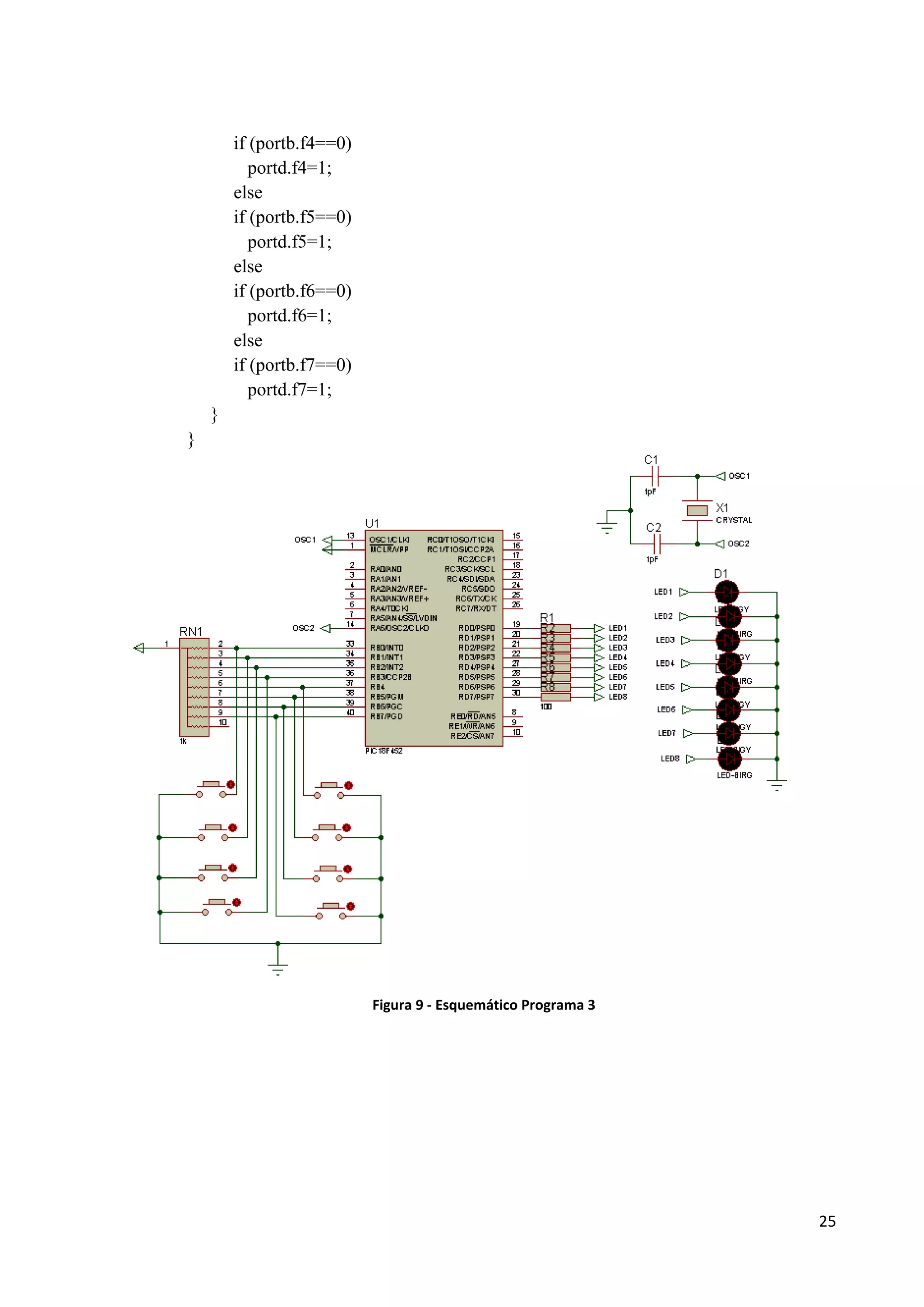 if (portb.f4==0)
portd.f4=1;
else
if (portb.f5==0)
portd.f5=1;
else
if (portb.f6==0)
portd.f6=1;
else
if (portb.f7==0)
portd.f7=1;
}
}

Figura 9 - Esquemático Programa 3

25

 