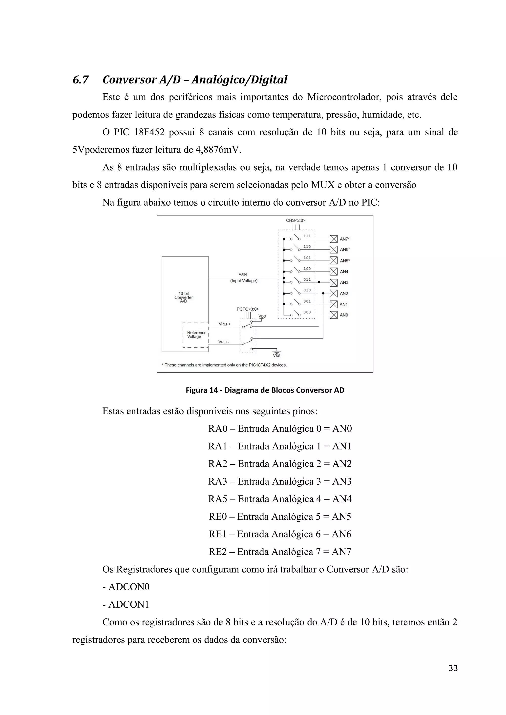 6.7

Conversor A/D – Analógico/Digital
Este é um dos periféricos mais importantes do Microcontrolador, pois através dele

podemos fazer leitura de grandezas físicas como temperatura, pressão, humidade, etc.
O PIC 18F452 possui 8 canais com resolução de 10 bits ou seja, para um sinal de
5Vpoderemos fazer leitura de 4,8876mV.
As 8 entradas são multiplexadas ou seja, na verdade temos apenas 1 conversor de 10
bits e 8 entradas disponíveis para serem selecionadas pelo MUX e obter a conversão
Na figura abaixo temos o circuito interno do conversor A/D no PIC:

Figura 14 - Diagrama de Blocos Conversor AD

Estas entradas estão disponíveis nos seguintes pinos:
RA0 – Entrada Analógica 0 = AN0
RA1 – Entrada Analógica 1 = AN1
RA2 – Entrada Analógica 2 = AN2
RA3 – Entrada Analógica 3 = AN3
RA5 – Entrada Analógica 4 = AN4
RE0 – Entrada Analógica 5 = AN5
RE1 – Entrada Analógica 6 = AN6
RE2 – Entrada Analógica 7 = AN7
Os Registradores que configuram como irá trabalhar o Conversor A/D são:
- ADCON0
- ADCON1
Como os registradores são de 8 bits e a resolução do A/D é de 10 bits, teremos então 2
registradores para receberem os dados da conversão:
33

 