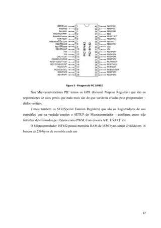 Figura 3 - Pinagem do PIC 18f452

Nos Microcontroladores PIC temos os GPR (General Porpose Registers) que são os
registradores de usos gerais que nada mais são do que variáveis criadas pelo programador –
dados voláteis.
Temos também os SFR(Special Funcion Registers) que são os Registradores de uso
específico que na verdade contém o SETUP do Microcontrolador – configura como irão
trabalhar determinados periféricos como PWM, Conversores A/D, USART, etc.
O Microcontrolador 18F452 possui memória RAM de 1536 bytes sendo dividido em 16
bancos de 256 bytes de memória cada um

17

 