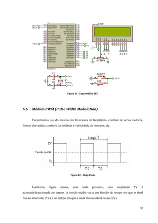 30
Figura 11 - Esquemático LCD
6.6 Módulo PWM (Pulse Width Modulation)
Encontramos uso do mesmo em Inversores de freqüência, controle de servo motores,
Fontes chaveadas, controle de potência e velocidade de motores, etc.
Figura 12 – Duty-Cycle
Conforme figura acima, uma onda pulsante, com amplitude 5V é
acionada/desacionada no tempo. A tensão média varia em função do tempo em que o sinal
fica no nível alto (5V) e do tempo em que a onda fica no nível baixo (0V).
 