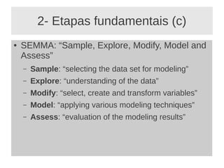 2- Etapas fundamentais (c)
● SEMMA: “Sample, Explore, Modify, Model and
Assess”
– Sample: “selecting the data set for modeling”
– Explore: “understanding of the data”
– Modify: “select, create and transform variables”
– Model: “applying various modeling techniques”
– Assess: “evaluation of the modeling results”
 