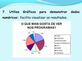 7. Utilize Gráficos para demonstrar dados
numéricos: facilita visualizar os resultados.
 