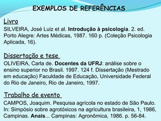 EXEMPLOS DE REFERÊNCIAS
Livro
Dissertação e tese
Trabalho de evento
SILVEIRA, José Luiz et al. Introdução à psicologia. 2. ed.
Porto Alegre: Artes Médicas, 1987. 160 p. (Coleção Psicologia
Aplicada, 16).
OLIVEIRA, Carla de. Docentes da UFRJ: análise sobre o
ensino superior no Brasil. 1997. 124 f. Dissertação (Mestrado
em educação) Faculdade de Educação, Universidade Federal
do Rio de Janeiro, Rio de Janeiro, 1997.
CAMPOS, Joaquim. Pesquisa agrícola no estado de São Paulo.
In: Simpósio sobre agrotóxicos na agricultura brasileira, 1, 1986,
Campinas. Anais... Campinas: Agronômica, 1986. p. 56-84.
 