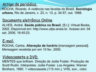Artigo de periódico
Documento eletrônico Online
E-mail
Videocassete e DVD
ALVES, André. Saúde pública no Brasil. [S.l.]: Virtual Books,
2002. Disponível em: http://www.ufpe.anais.br. Acesso em: 04
set. 2006, 16:45:23.
ROCHA, Carlos. Alteração de horário [mensagem pessoal].
Mensagem recebida por em 15 fev. 2000.
MENTES que brilham. Direção de Jodie Foster. Produção de
Scott Rudin. Intérpretes: Jodie Foster. Los Angeles: Warner
Brothers, 1990. 1 videocassete (115 min.), VHS, son., color.
ROCHA, Ricardo. A violência nas favelas do Brasil. Sociologia
urbana, Rio de Janeiro, v. 23, n. 13, p. 34-57, out. 1998.
 