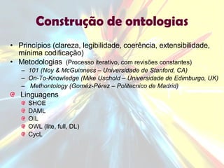 Construção de ontologias Princípios (clareza, legibilidade, coerência, extensibilidade, mínima codificação) Metodologias  (Processo iterativo, com revisões constantes) 101 (Noy & McGuinness – Universidade de Stanford, CA) On-To-Knowledge (Mike Uschold – Universidade de Edimburgo, UK) Methontology (Goméz-Pérez – Politecnico de Madrid) Linguagens SHOE DAML OIL OWL (lite, full, DL) CycL 