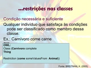...restrições nas classes Condição necessária e suficiente Qualquer indivíduo que satisfaça às condições pode ser classificado como membro dessa classe. Ex.: Carnívoro come carne OWL: Class ( Carnivoro  complete Thing Restriction ( come  someValuesFrom  Animal )) OWL: Class ( Carnivoro  complete Thing Restriction ( come  someValuesFrom  Animal )) Fonte: BREITMAN, K. (2005) 