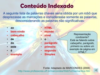A seguinte lista de palavras chaves seria obtida por um robô que desprezasse as marcações e considerasse somente as palavras, desconsiderando as palavras não significativas: ao bem-vindo cabeçalho de do este é exemplo HTML mundo nível o parágrafo primeiro segundo Simples Conteúdo   Indexado Representação condizente? Está se falando sobre  cabeçalho ,  parágrafo, primeiro  ou sobre um exemplo de página em HTML? Fonte: Adaptado de MARCONDES (2006)  http://www.professores.uff.br/marcondes/Web%20semantica.htm   