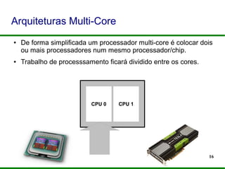 16
Arquiteturas Multi-Core
● De forma simplificada um processador multi-core é colocar dois
ou mais processadores num mesmo processador/chip.
● Trabalho de processsamento ficará dividido entre os cores.
CPU 0 CPU 1
 