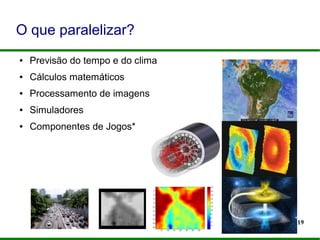 19
O que paralelizar?
● Previsão do tempo e do clima
● Cálculos matemáticos
● Processamento de imagens
● Simuladores
● Componentes de Jogos*
 